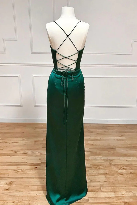 Robe de demoiselle d'honneur en satin vert à bretelles, robe de soirée longue et simple MD7274
