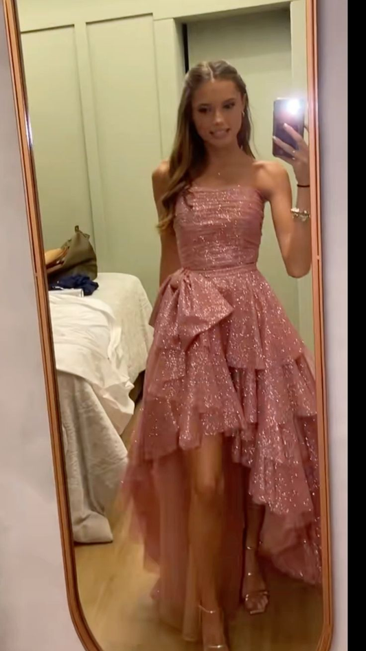 Robe de soirée bustier rose brillant, coupe trapèze, asymétrique, robe d'anniversaire, MD7289