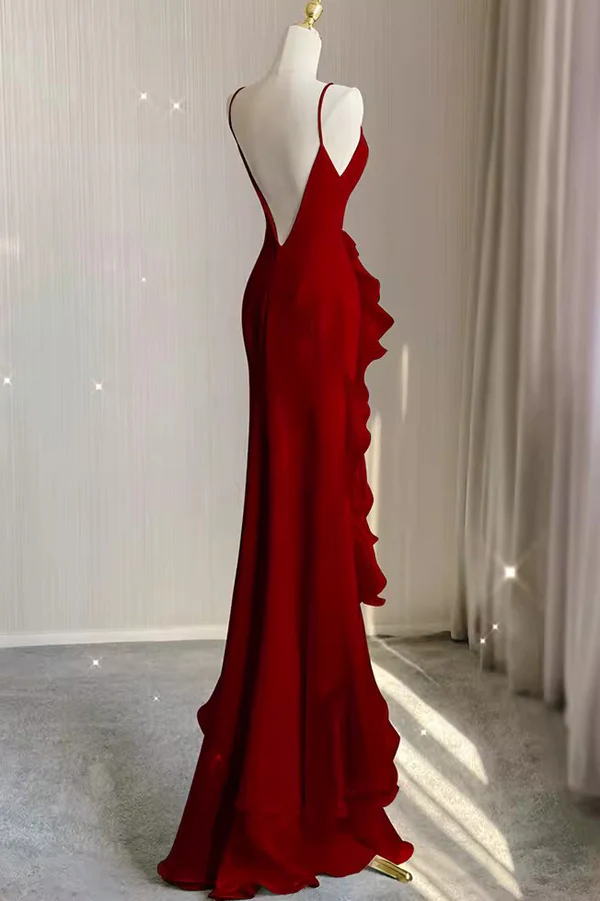 Wine Red Mermaid Prom Gown with Ruffles, Spaghetti Straps Backless Dress MD7292