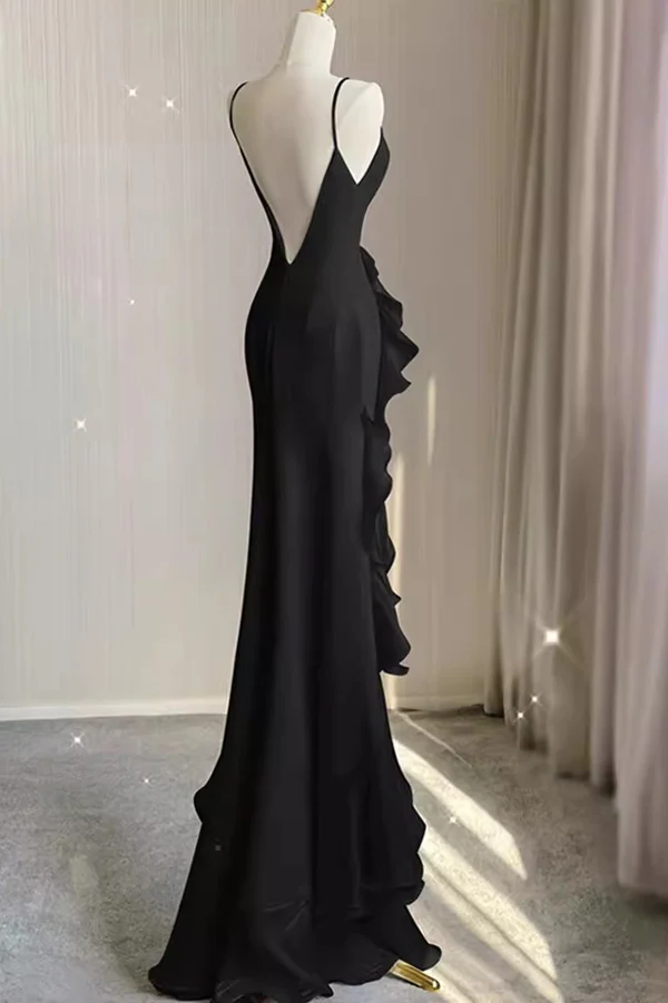 Black Mermaid Prom Gown with Ruffles, Spaghetti Straps Backless Dress MD7293