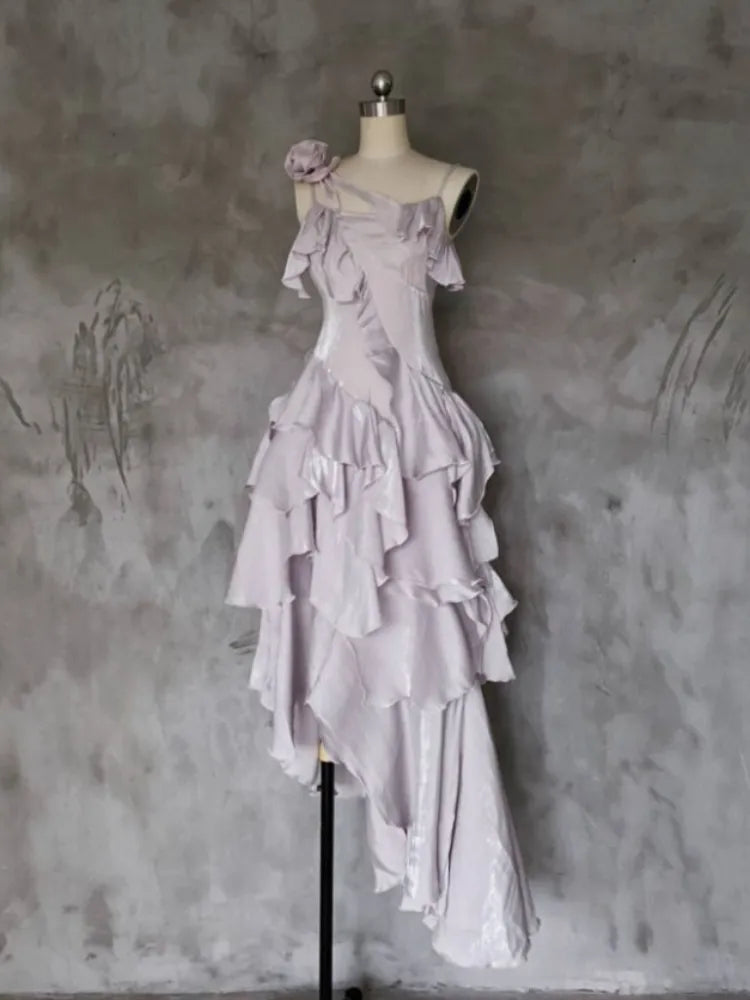 Robe de soirée asymétrique violet clair à bretelles spaghetti superposées MD7538