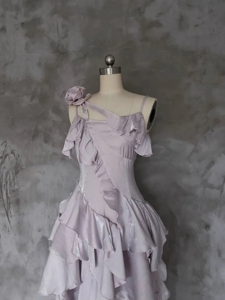 Robe de soirée asymétrique violet clair à bretelles spaghetti superposées MD7538