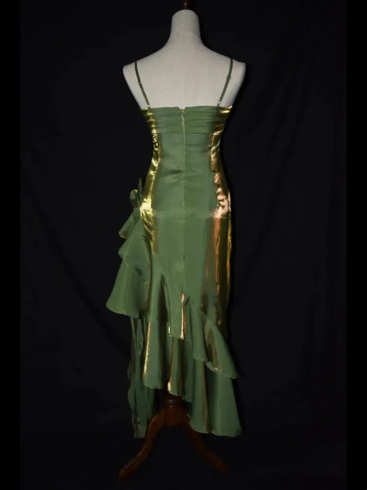 Robe de bal vintage à fleurs vert gazon, ourlet asymétrique, MD7539