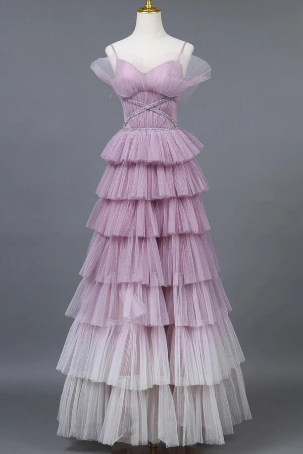Robe de soirée trapèze à bretelles spaghetti ombrées, robe de bal princesse longue à volants, MD7540