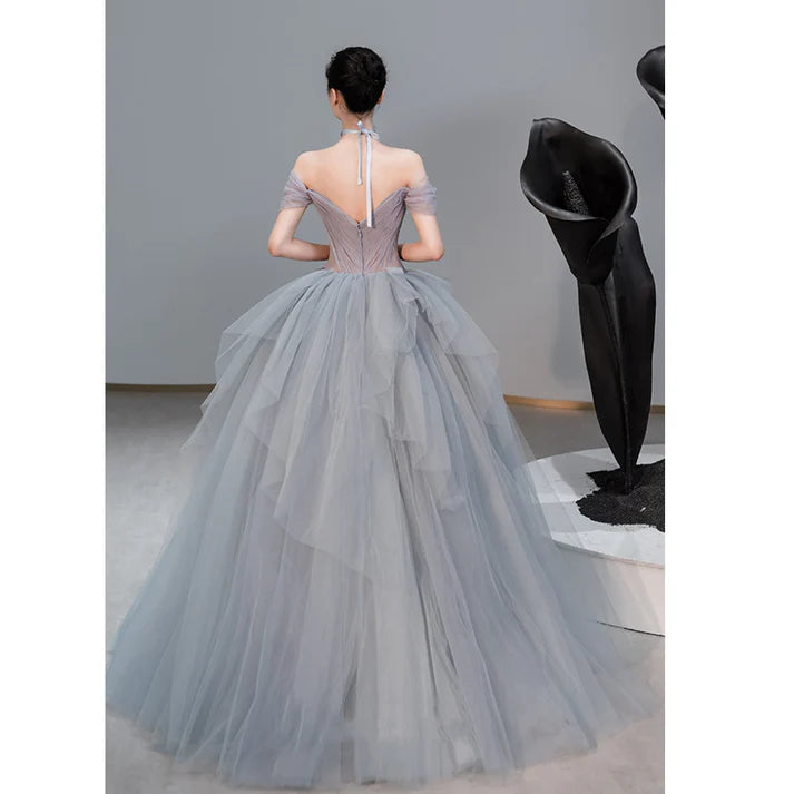 Off Shoulder Fluffy Ball Gown Blue Gray Tulle Formal Dress Evening Gown MD7577