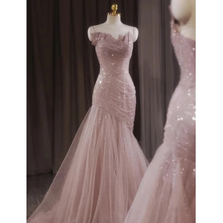 Robe de soirée sirène rose en tulle brillant, tenue de soirée féerique, MD7578