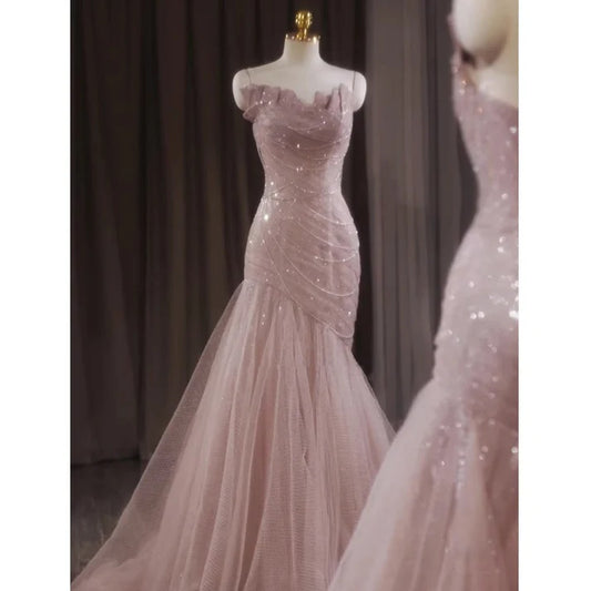 Robe de soirée sirène rose en tulle brillant, tenue de soirée féerique, MD7578