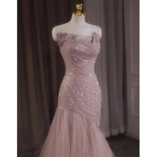 Robe de soirée sirène rose en tulle brillant, tenue de soirée féerique, MD7578