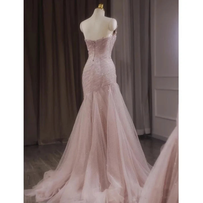 Robe de soirée sirène rose en tulle brillant, tenue de soirée féerique, MD7578