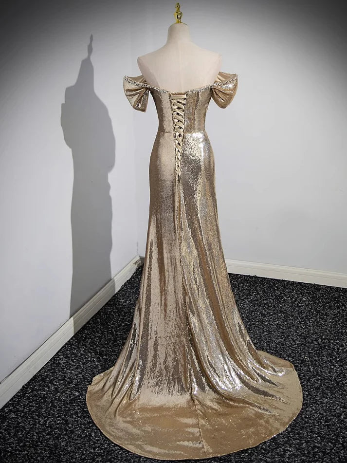 Robe de soirée longue sirène dorée à sequins et épaules dénudées avec traîne MD7582