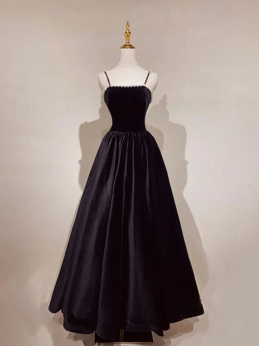 Robe de bal longue en velours noir, coupe trapèze, ornée de perles, tenue de fête d'anniversaire, MD7583