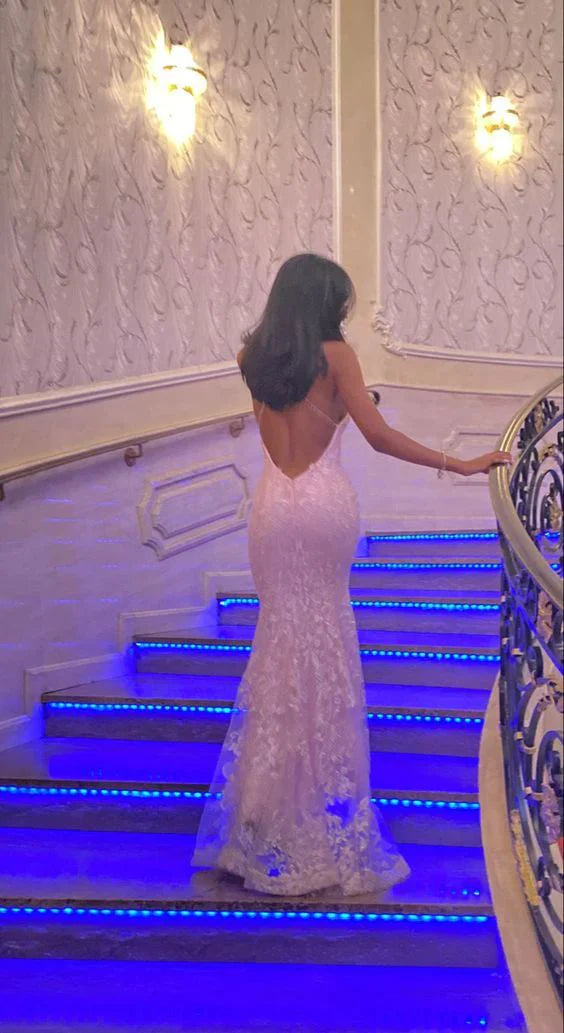 Robe de soirée sirène longue en tulle rose et dentelle, dos nu, MD7585