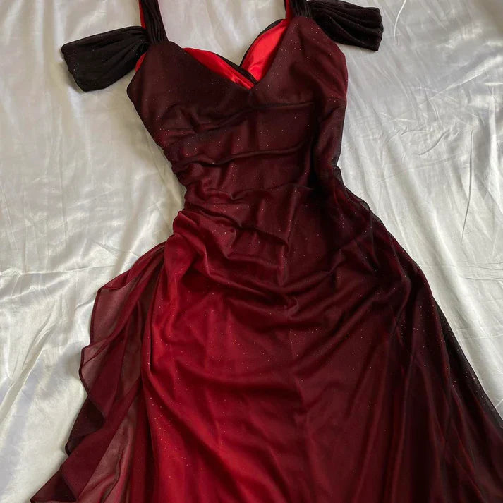 Burgundy Prom Dress A Line Shiny Sweetheart Long Gala Dress Ruffled Evening Gown Birthday Party Dress MD7587
