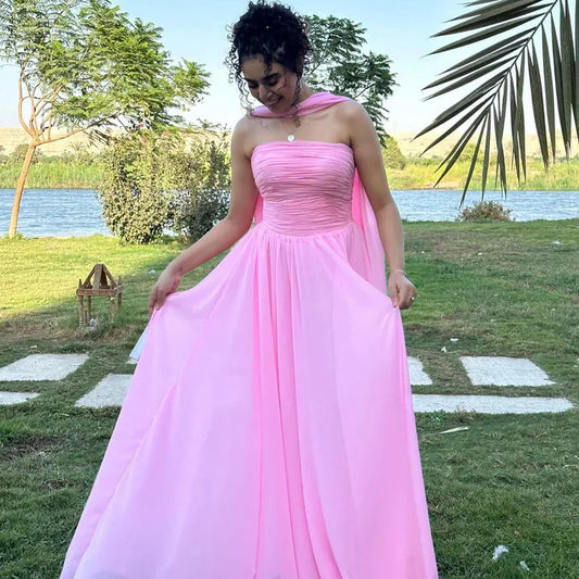 Robe de bal longue rose bustier trapèze en mousseline de soie, robe d'invitée de mariage MD7591