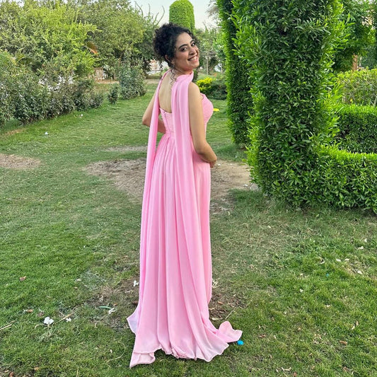 Robe de bal longue rose bustier trapèze en mousseline de soie, robe d'invitée de mariage MD7591