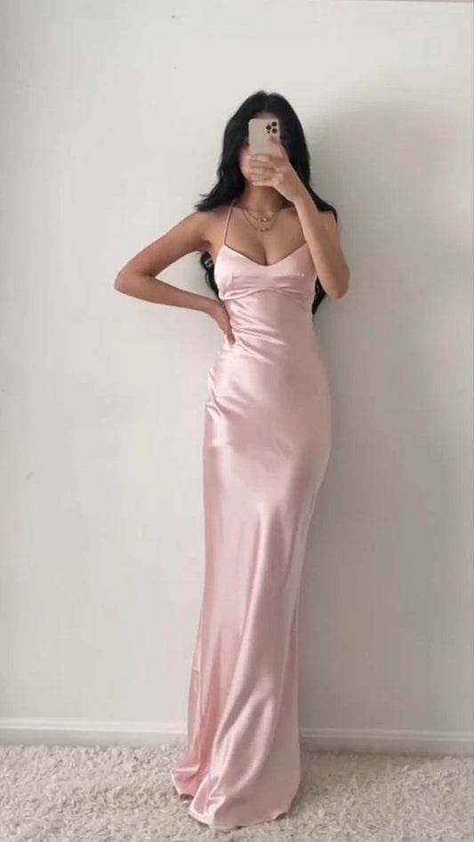Robe de soirée fourreau en satin rose à col licou et longue MD7609