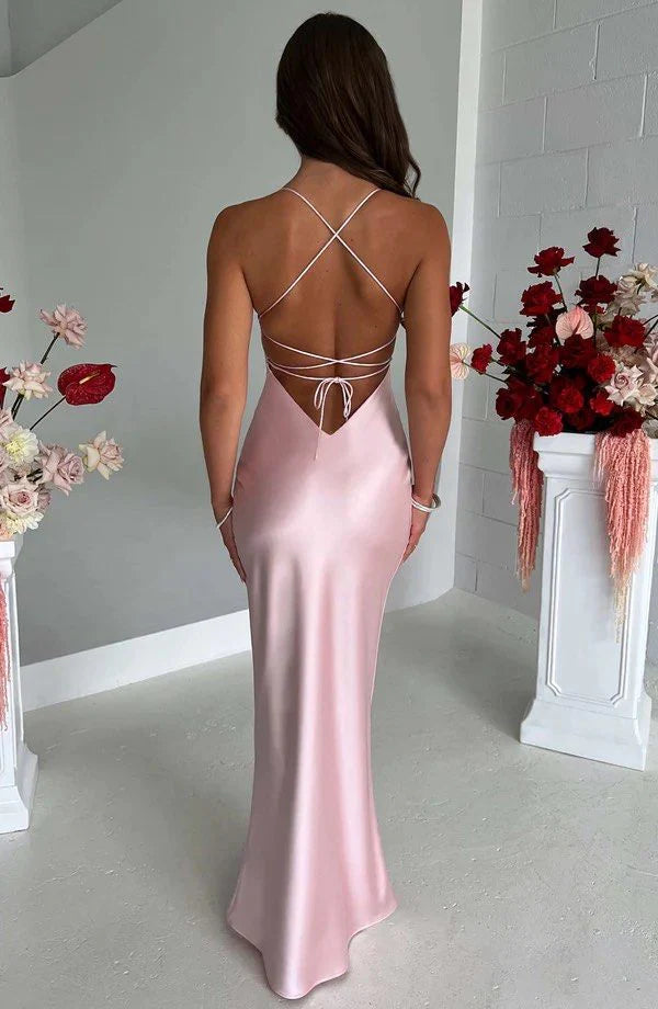 Robe de soirée fourreau en satin rose à col licou et longue MD7609