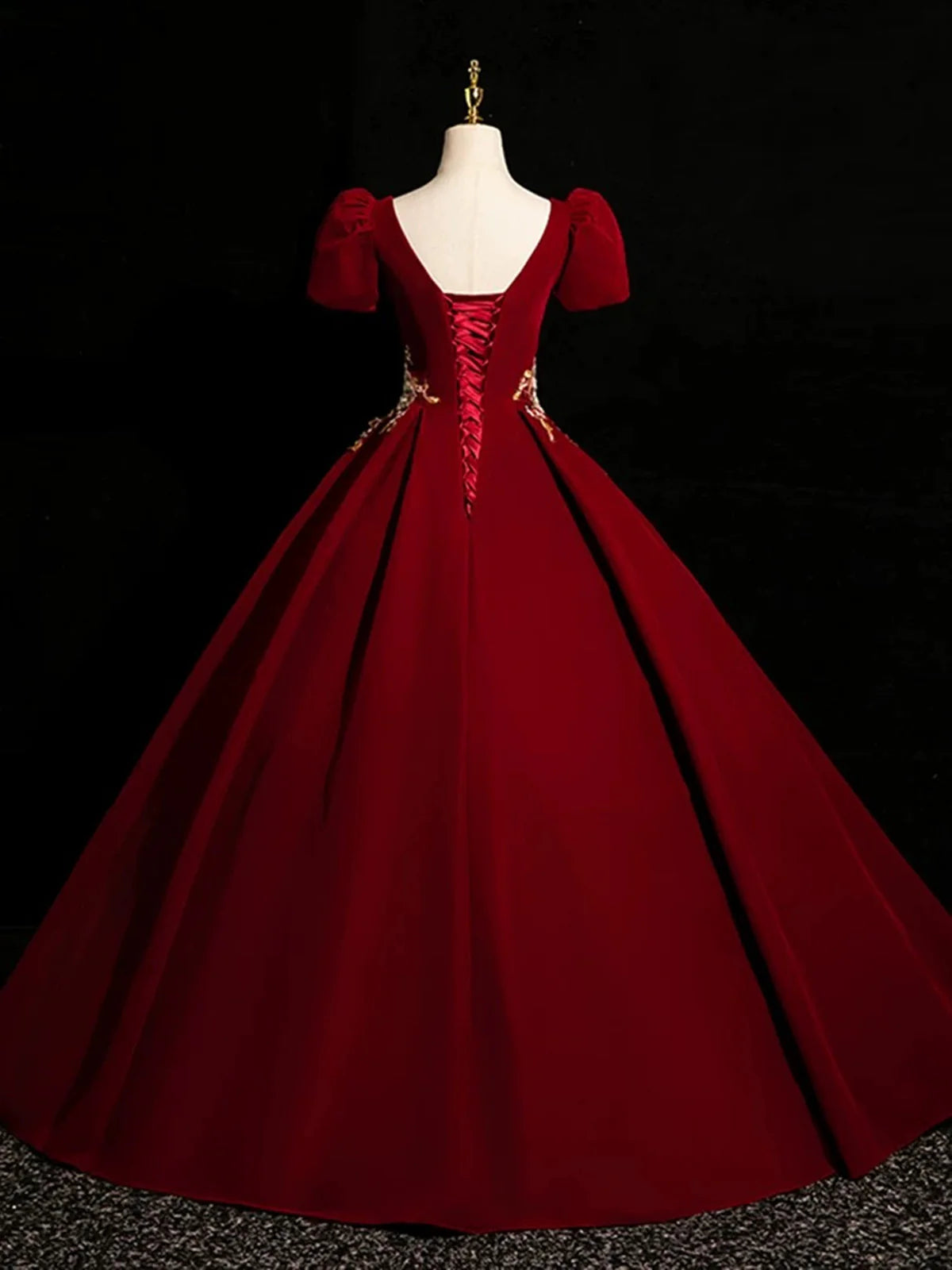 Robe de bal en satin rouge vin à manches courtes, robe de soirée en satin rouge vin MD7611