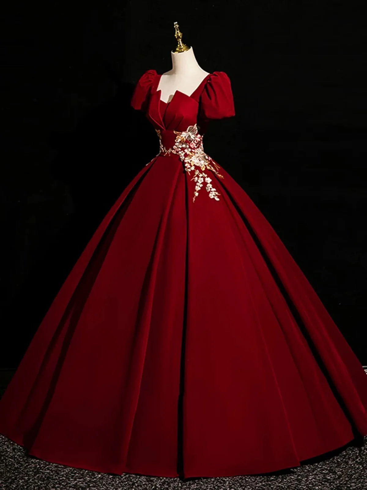 Robe de bal en satin rouge vin à manches courtes, robe de soirée en satin rouge vin MD7611