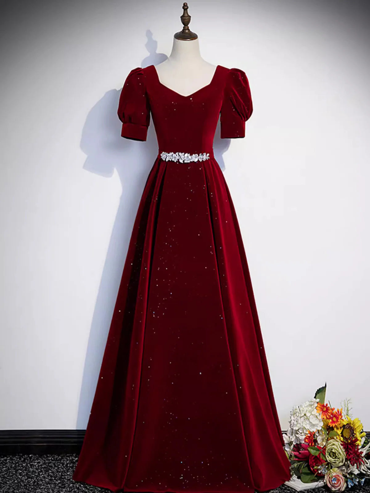 Wine Red Velvet Short Sleeves Prom Dress, Wine Red A-line Party Dress ModelDressy Wine Red Velvet Short Sleeves Prom Dress, Wine Red A-line Party Dress ModelDressy