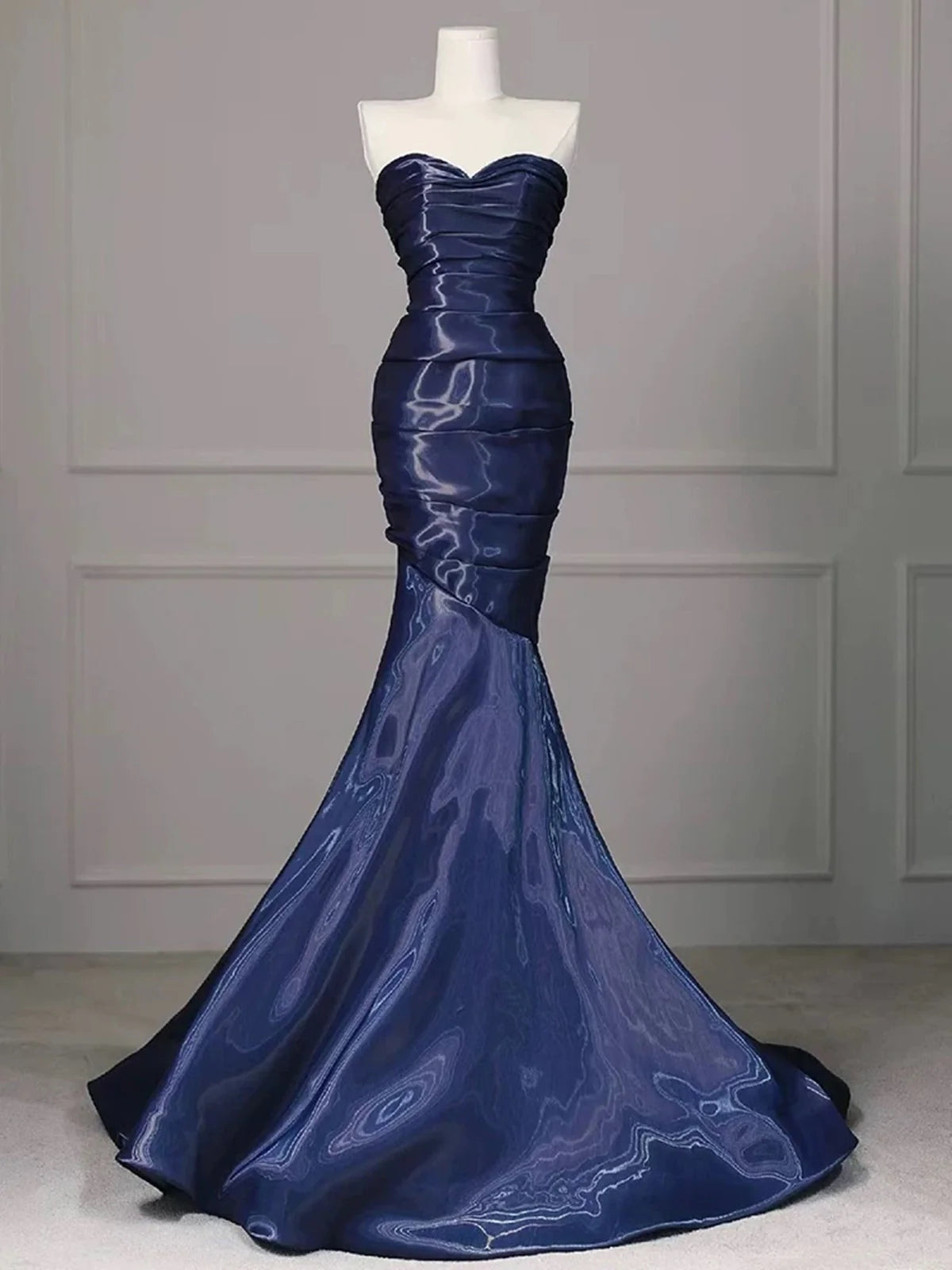 Navy Blue Mermaid Strapless Long Evening Dress, Navy Blue Satin Prom D