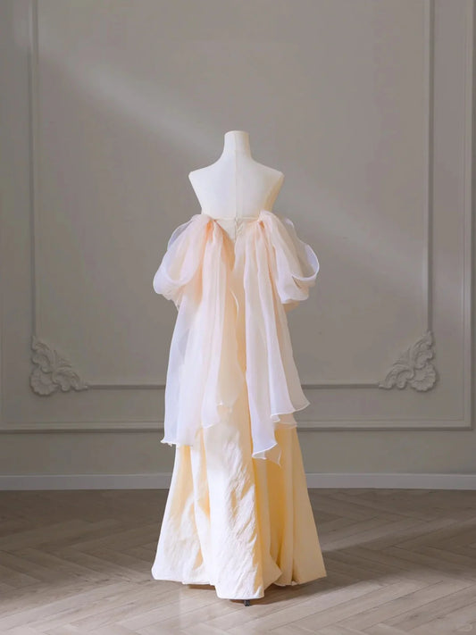 Robe de soirée trapèze champagne à lacets et décolleté plongeant, robe de bal longue champagne MD7624