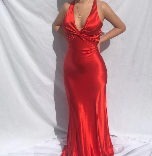 Robe de bal longue rouge sirène en satin à col en V, robe de soirée formelle MD7626