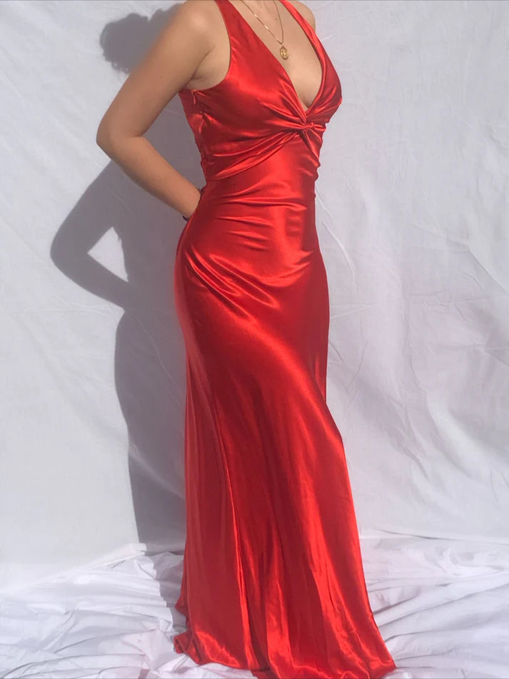 Robe de bal longue rouge sirène en satin à col en V, robe de soirée formelle MD7626