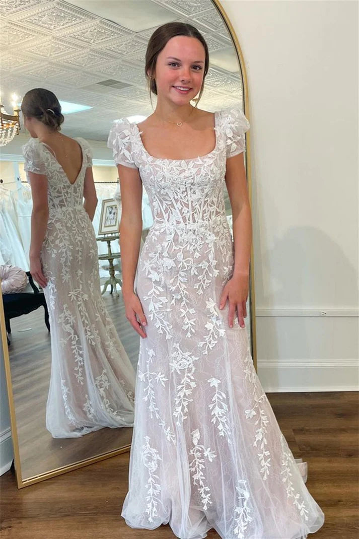 Robe de bal longue sirène lilas à manches courtes et appliques MD7628