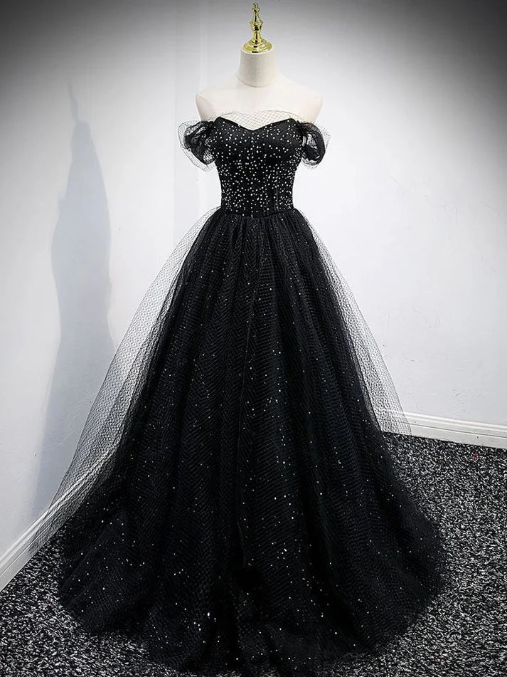 Robe de bal longue en tulle brillant à épaules dénudées, coupe trapèze, noire, MD7629