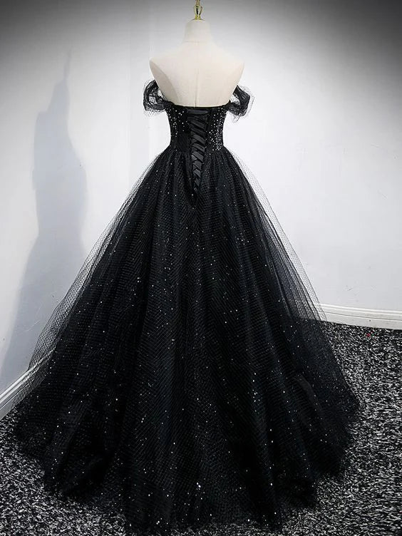 Robe de bal longue en tulle brillant à épaules dénudées, coupe trapèze, noire, MD7629