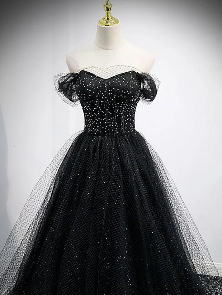 Robe de bal longue en tulle brillant à épaules dénudées, coupe trapèze, noire, MD7629