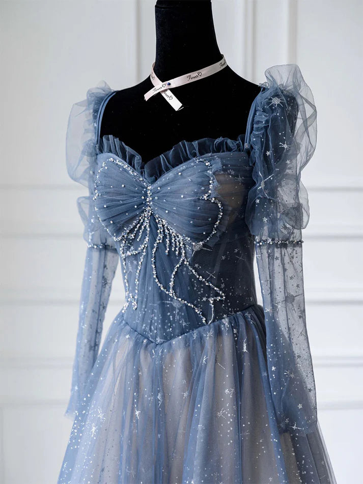 Robe de bal bleue en tulle, coupe trapèze, décolleté en cœur, brillante, robe de soirée, robe princesse, MD7631