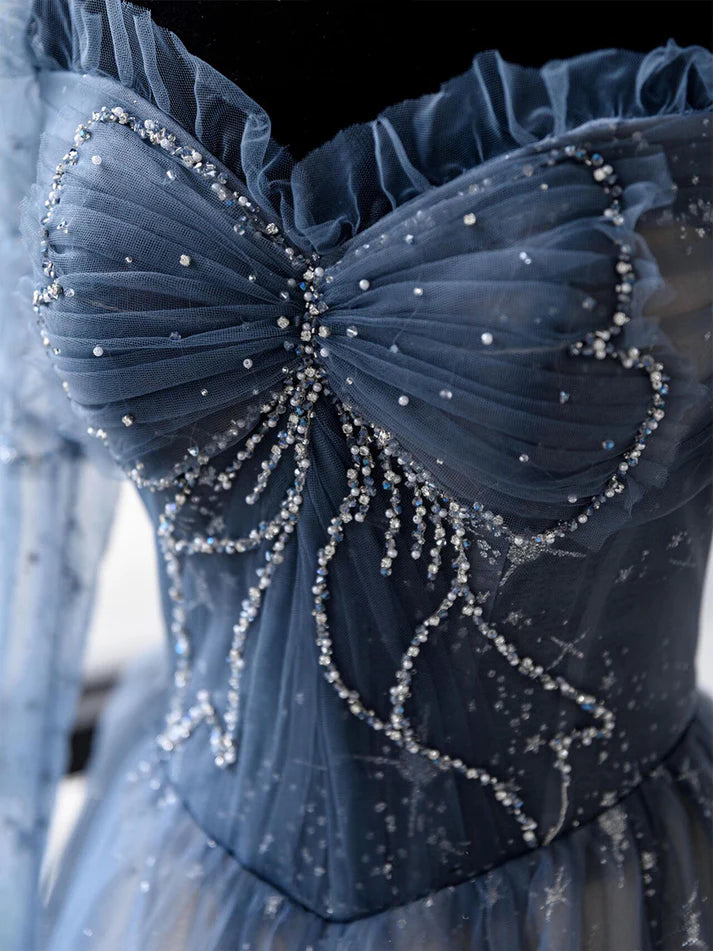 Robe de bal bleue en tulle, coupe trapèze, décolleté en cœur, brillante, robe de soirée, robe princesse, MD7631