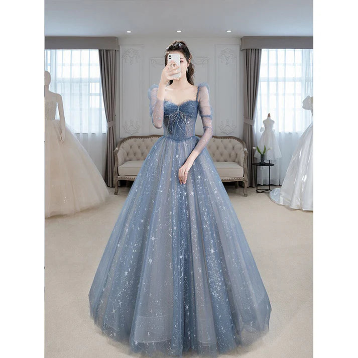 Robe de bal bleue en tulle, coupe trapèze, décolleté en cœur, brillante, robe de soirée, robe princesse, MD7631