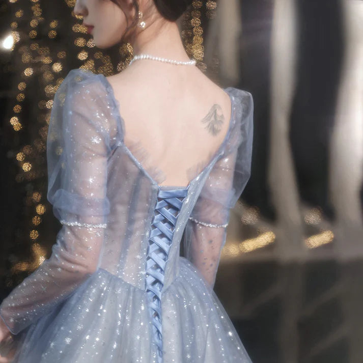 Robe de bal bleue en tulle, coupe trapèze, décolleté en cœur, brillante, robe de soirée, robe princesse, MD7631