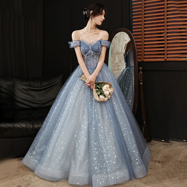 Robe de bal bleue en tulle, coupe trapèze, décolleté en cœur, brillante, robe de soirée, robe princesse, MD7631