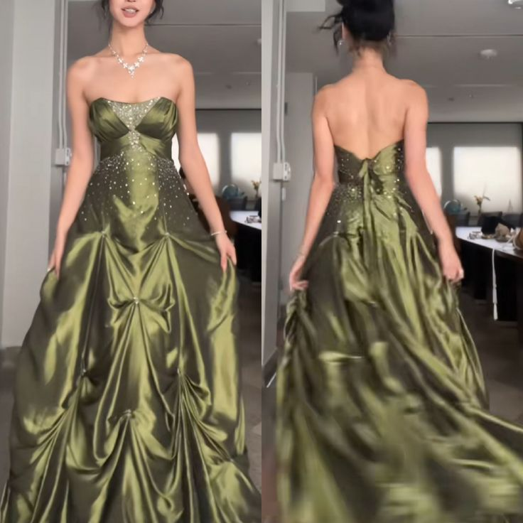 Vintage Beading Strapless A-Line Green Evening Ball Gown Birthday Gown MD7632