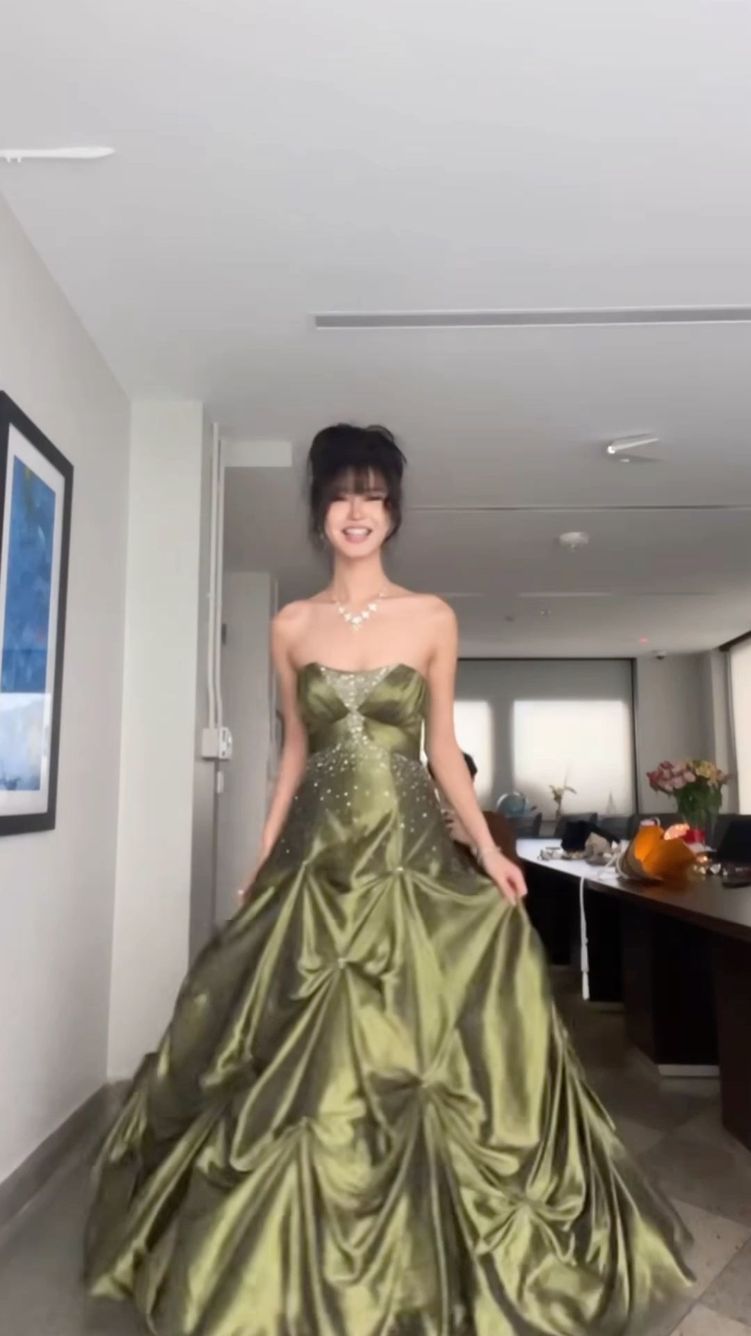 Robe de soirée vintage bustier à perles, coupe trapèze, verte, robe de bal, robe d'anniversaire, MD7632