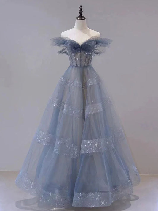 Robe de bal longue trapèze en tulle bleu à épaules dénudées MD7637
