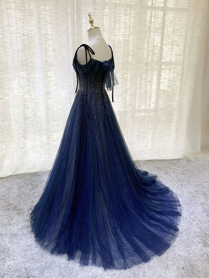 Robe de bal longue bleu foncé en tulle et sequins, coupe trapèze, pour fête d'anniversaire, MD7642