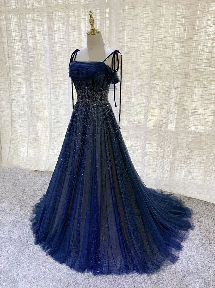 Robe de bal longue bleu foncé en tulle et sequins, coupe trapèze, pour fête d'anniversaire, MD7642