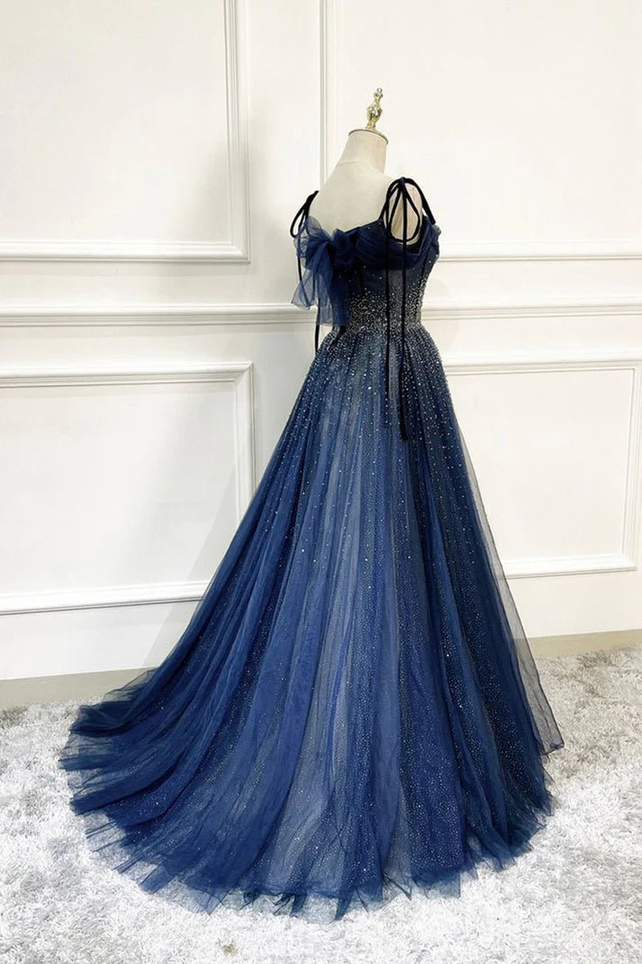 Robe de bal longue bleu foncé en tulle et sequins, coupe trapèze, pour fête d'anniversaire, MD7642