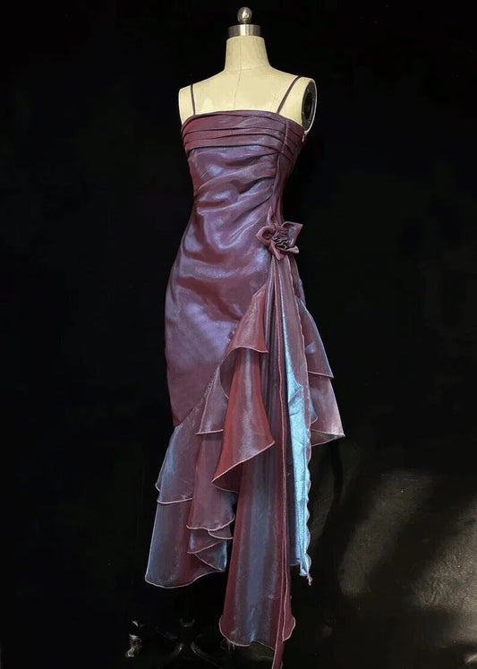 Robe de bal longue vintage en mousseline de soie à bretelles spaghetti et volants MD7643