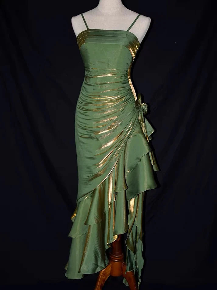 Robe de bal longue vintage en mousseline de soie à bretelles spaghetti et volants MD7643