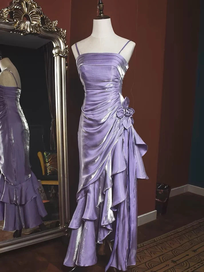 Robe de bal longue vintage en mousseline de soie à bretelles spaghetti et volants MD7643