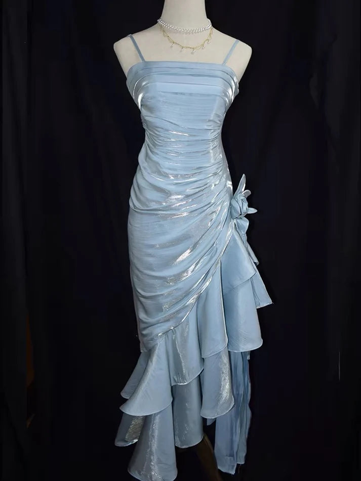 Robe de bal longue vintage en mousseline de soie à bretelles spaghetti et volants MD7643