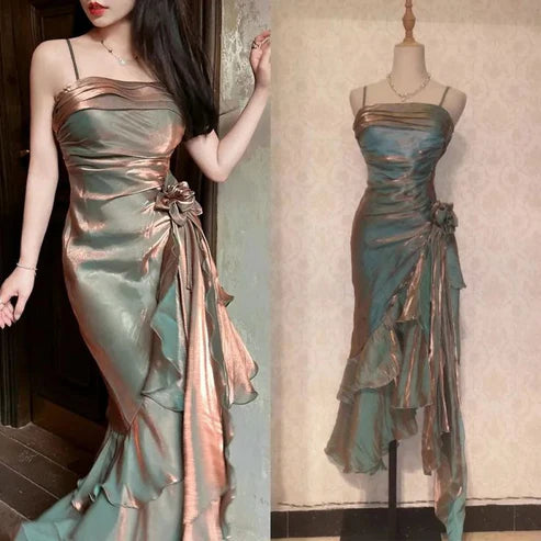 Robe de soirée longue asymétrique en mousseline de soie à bretelles spaghetti vintage MD7644