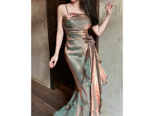 Robe de soirée longue asymétrique en mousseline de soie à bretelles spaghetti vintage MD7644