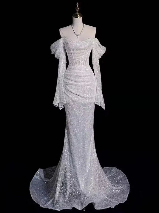 Robe de mariée longue à paillettes et épaules dénudées, style sirène, robe de bal, MD7650